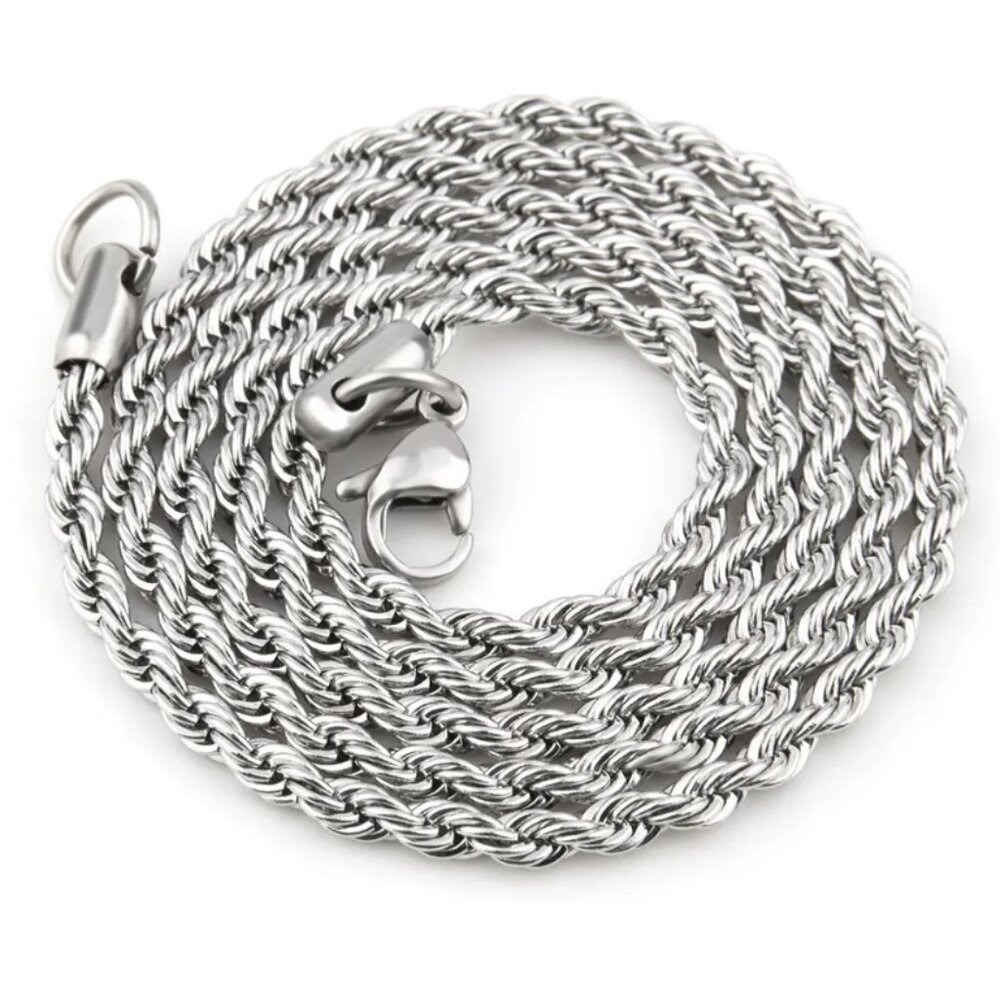 Men's Rope Chain Necklace 316L Stainless Steel Silver Plated